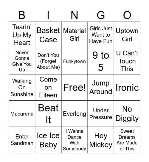 80s & 90s Music Bingo Card