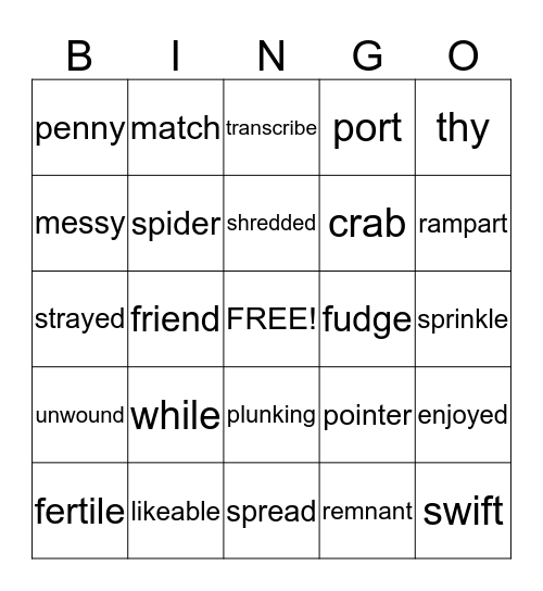 Spelling Generalizations Bingo Card