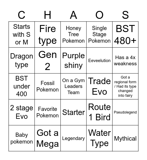 Chaos Rivals Catch a Pokemon! Bingo Card