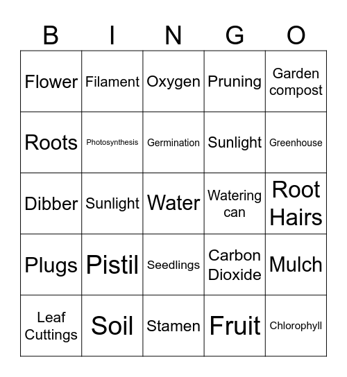 Gardening Bingo Card