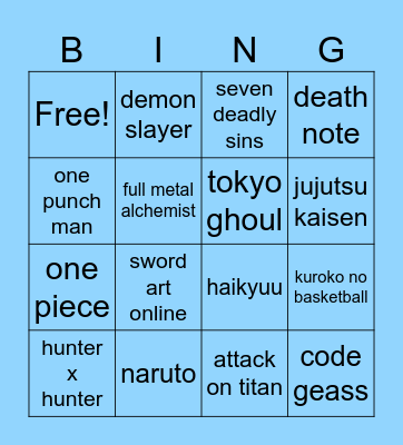 Andrew's Anime Bingo Card