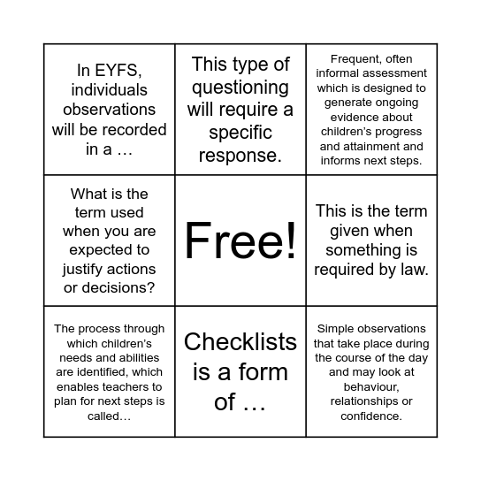 Observation and Assessment Bingo Card