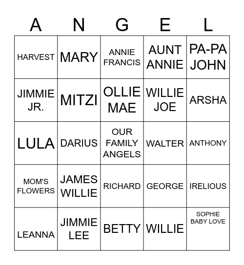 OUR FAMILY ANGELS Bingo Card