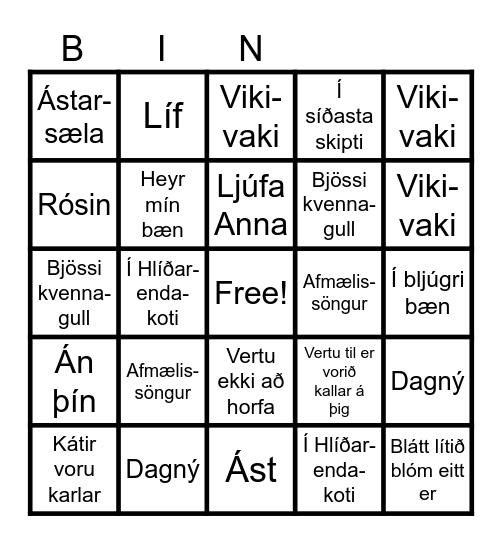 music bingo Card