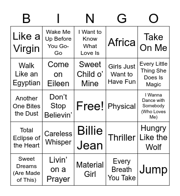 BastilaS 80s Bingo! Bingo Card