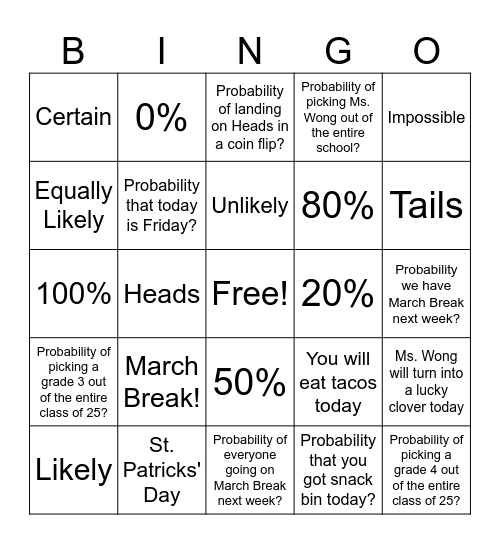 Probability + March Break Bingo Card