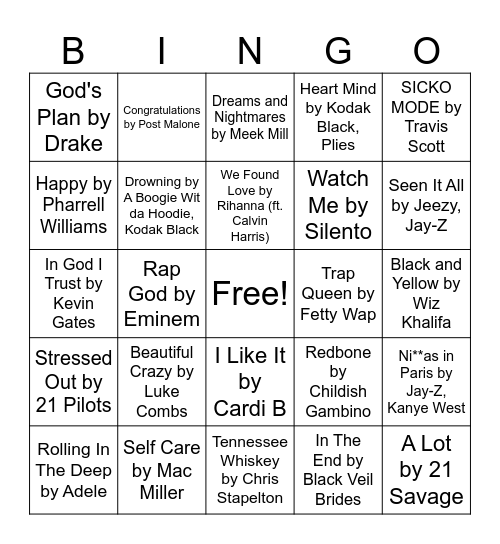 2010's Music Bingo Card