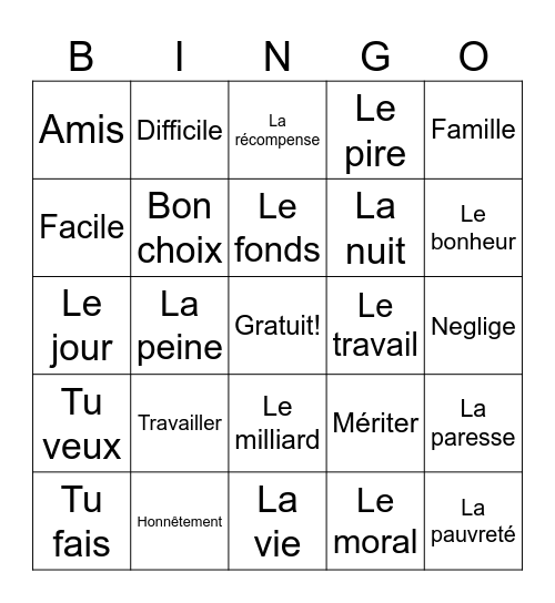 « Travailler » Bingo Card