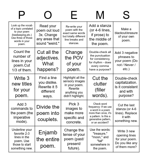 Poetry Revision Bingo Card
