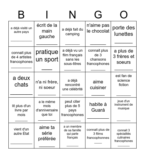 Trouve quelqu'un d'une autre classe qui... Bingo Card