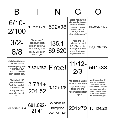 Fraction and Decimal Add/Subtract Bingo Card