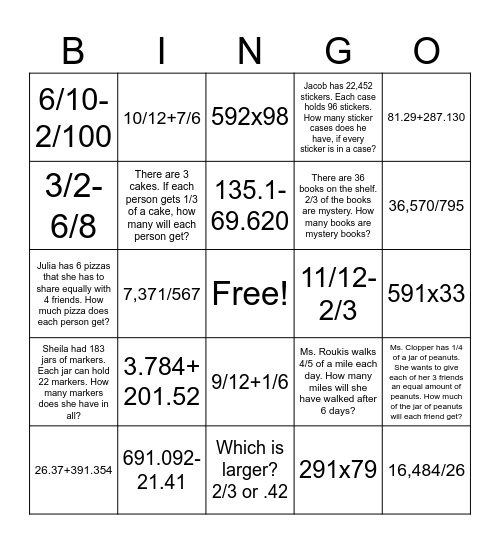 Fraction and Decimal Add/Subtract Bingo Card