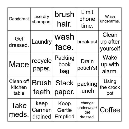 Stephanie's Daily routines Bingo Card