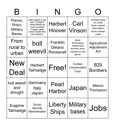 Test Review SS8H8,9,10 Bingo Card