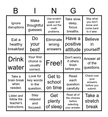 Test Taking Strategies Bingo Card