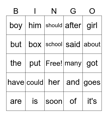 sight words Bingo Card