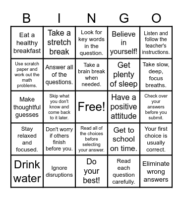 Test Taking Strategies Bingo Card