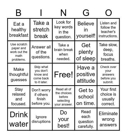 Test Taking Strategies Bingo Card