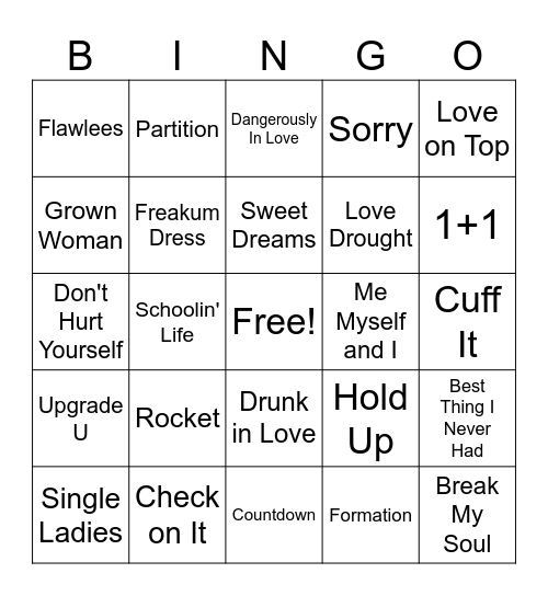 Beyonce Bingo Card