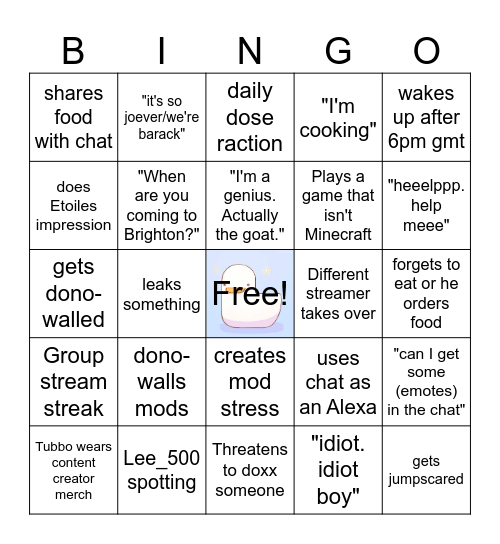 Tubbathon Bingo Card