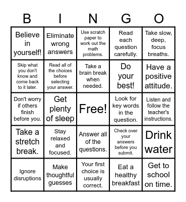 Test Taking Strategies Bingo Card