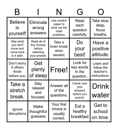 Test Taking Strategies Bingo Card