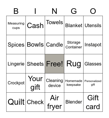 Julia’s Bridal Gift Bingo Card