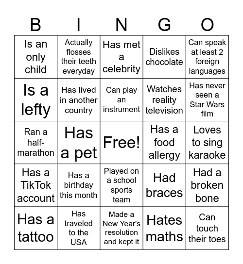 New Joiner Bingo Card