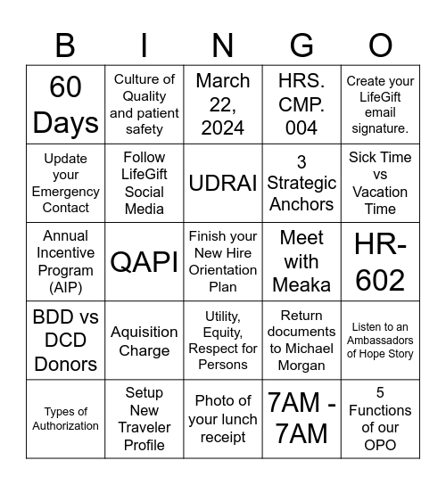 March New Hire Bingo Card