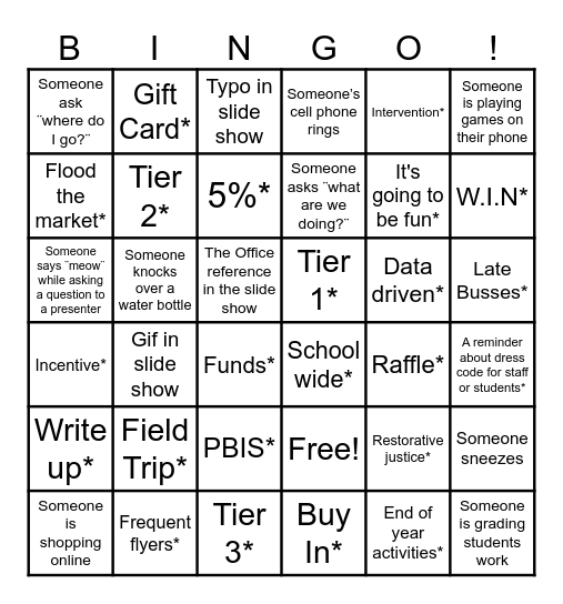 If it has an asterisk* it must be stated/mentioned by a presenter Bingo Card