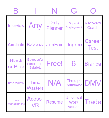 Vocational Bingo Card