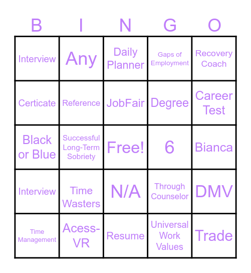 Vocational Bingo Card