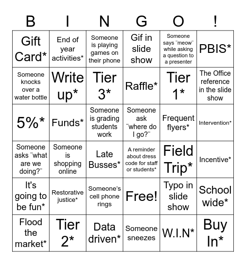 Staff Meeting Bingo Card