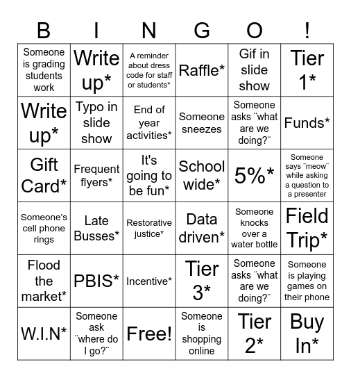 Staff Meeting Bingo Card