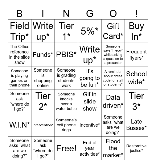 Staff Meeting Bingo Card