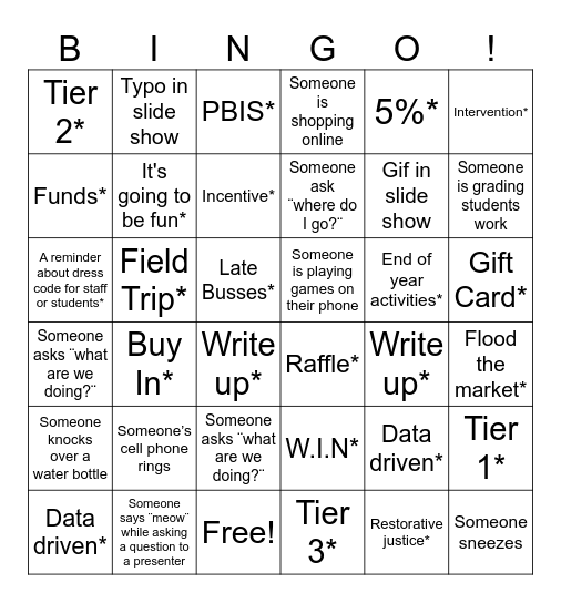 Staff Meeting Bingo Card