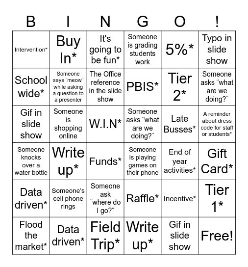 Staff Meeting Bingo Card