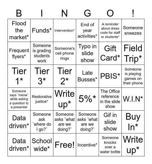 Staff Meeting Bingo Card