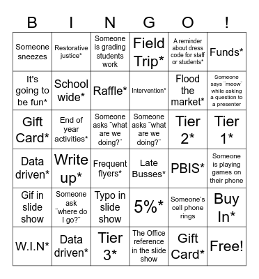 Staff Meeting Bingo Card