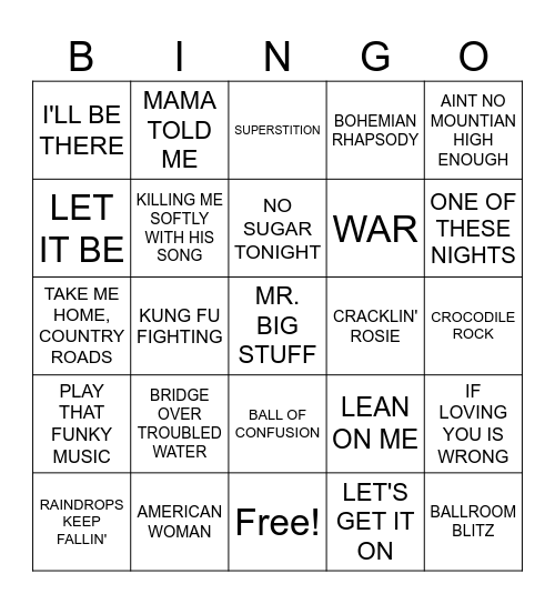 1970s HITS Bingo Card