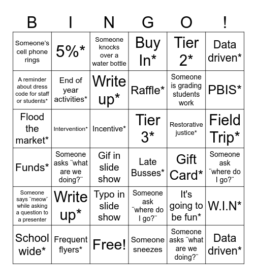 Staff Meeting Bingo Card
