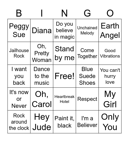 Music Bingo (1950s & 1960s ) Bingo Card