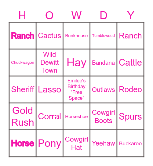 HOWDY Cowgirl! Bingo Card