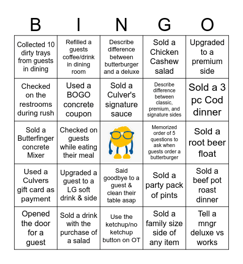 Culvers FOH Bingo Card