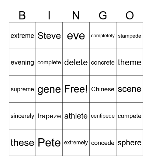 LONG E: e-consonant-e Bingo Card