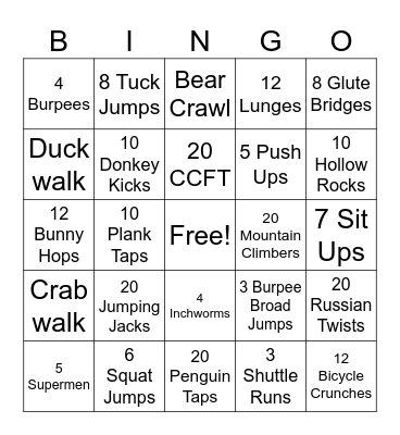 Fitness Bingo Card
