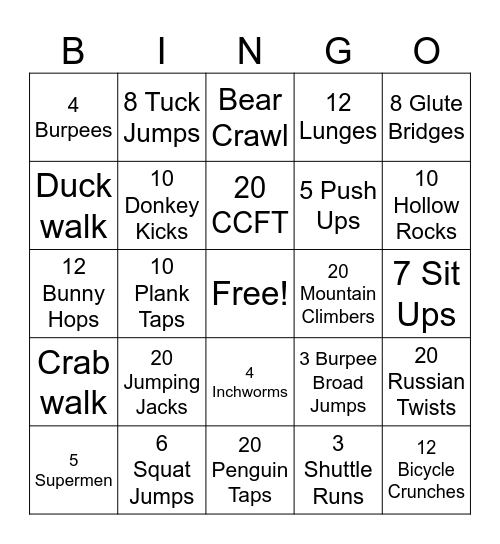 Fitness Bingo Card