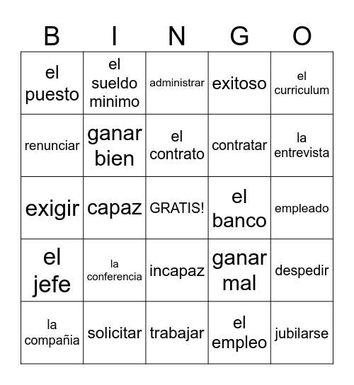 EL  mundo de trabajo- Ch. 8 Bingo Card