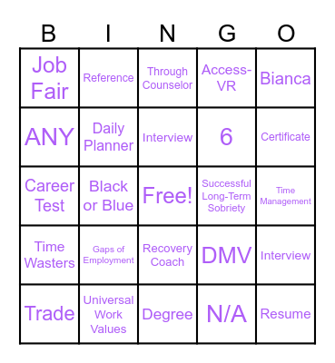Vocational Bingo Card
