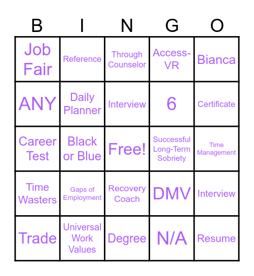 Vocational Bingo Card